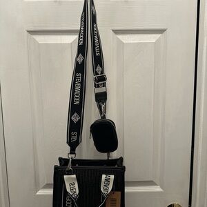 STEVE MADDEN Womens Black Bwebber Straw Satchel Crossbody PURSE Bag Earbud Case